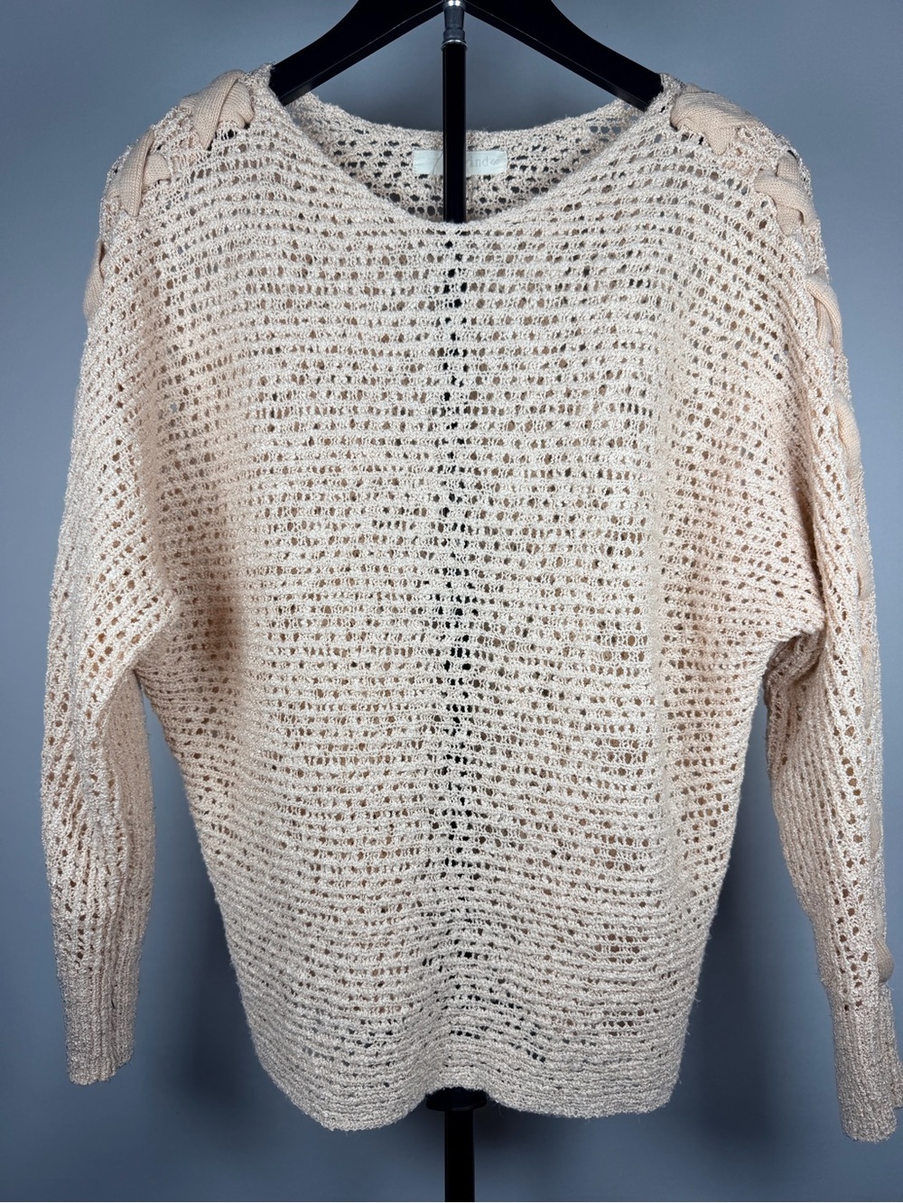 Rewind Cream Open-Weave Crewneck Sweater with Shoulder Braid